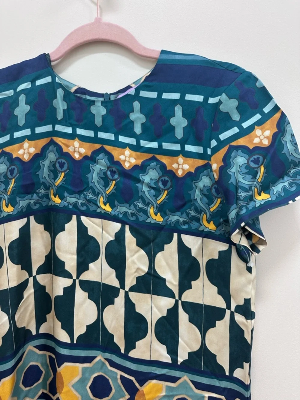 La DoubleJ Geometric Print Silk Swing Dress Small Green - Picture 6 of 11